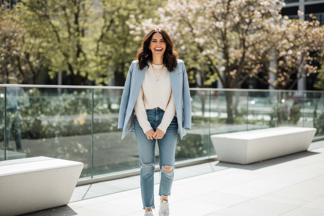 Image of woman wearing clothing happily
